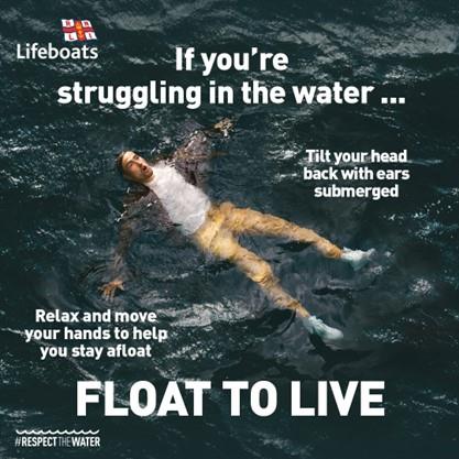 A graphic from RNLI showing a man in water. Text reads 'If you're struggling in the water, tilt your head back, with ears submerged. Relax and move your hands to help you stay afloat. Float to live.