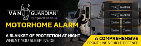 Image shows a person breaking into a mobile home, with the Van Guardian logo.