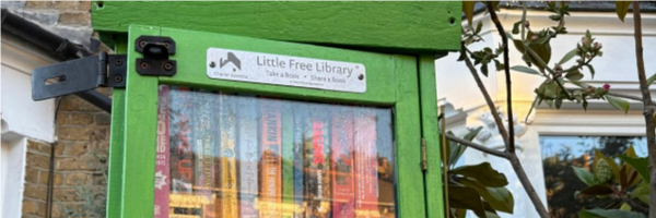 Image shows a community library box - it is painted green and is filled with a mix of books to take.