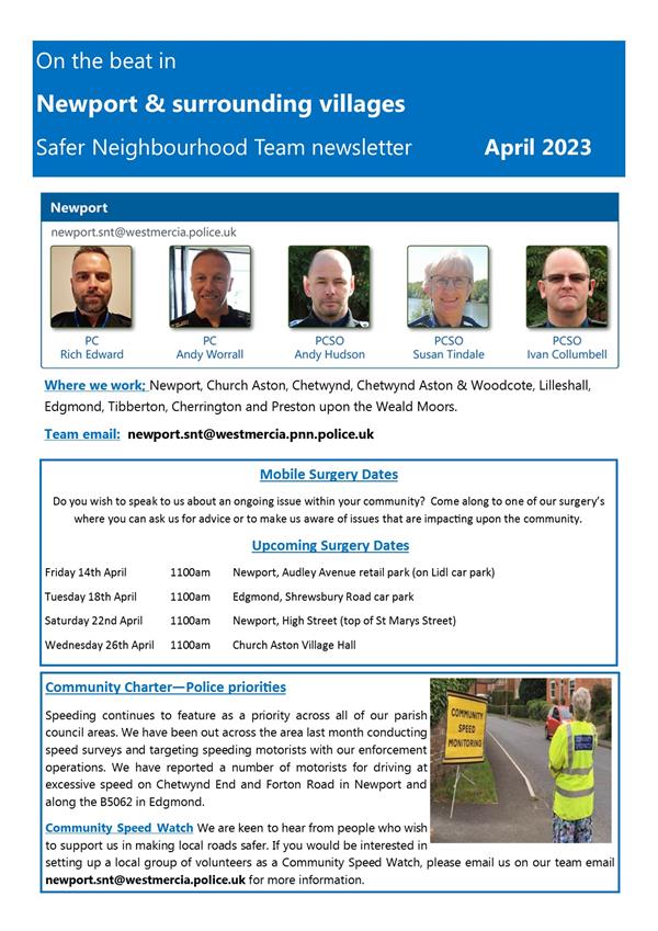 April newsletter from the Newport Safer Neighbourhood Team