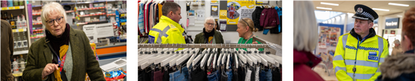 Three photos: Left is PFCC Danielle Stone, Middle is Chief Constable Ivan Balhatchet and PFCC Danielle Stone talking to a member of staff in a shop surrounded by clothes, right is Cheif Constable Ivan Balhatchet