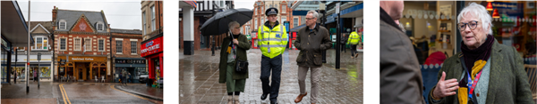 Three photos: Left is Bewiched Coffee in Wellingborough Town Centre, Middle is PFCC Danielle Stone, Northamptonshire Police Chief Constable Ivan Balhatchet and Mike Greenway, North Northamptonshire Council in Wellingborough Town Centre and Right is PFCC Danielle Stone