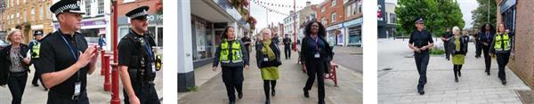 Trio of images of Danielle and police officers walking through town centre