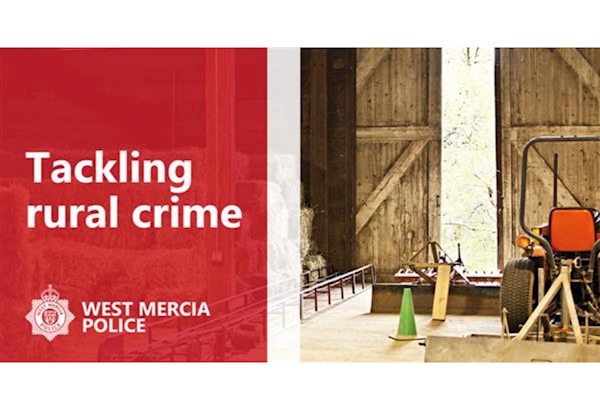 West Mercia police image saying tackling rural crime with a picture of farm equipment in a barn