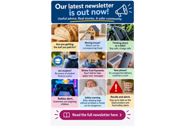 A newsletter promotional graphic featuring nine panels with safety warnings and a 'Read the full newsletter here' button.