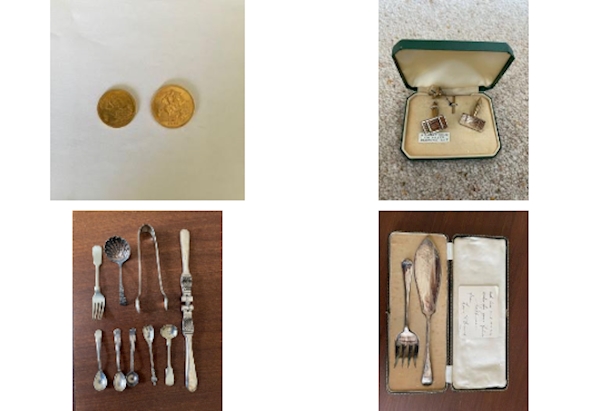 coins, cufflinks, pastry cutlery