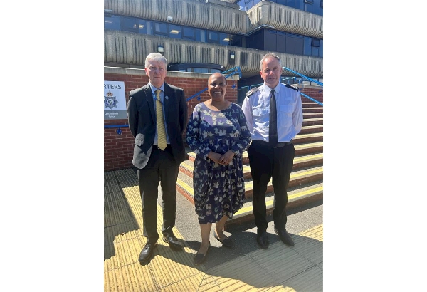 Under Sheriff Andrew Morley, Lincolnshire's High Sheriff, Sue Liburd, and Chief Constable Paul Gibson outside Force Headquarters, Nettleham