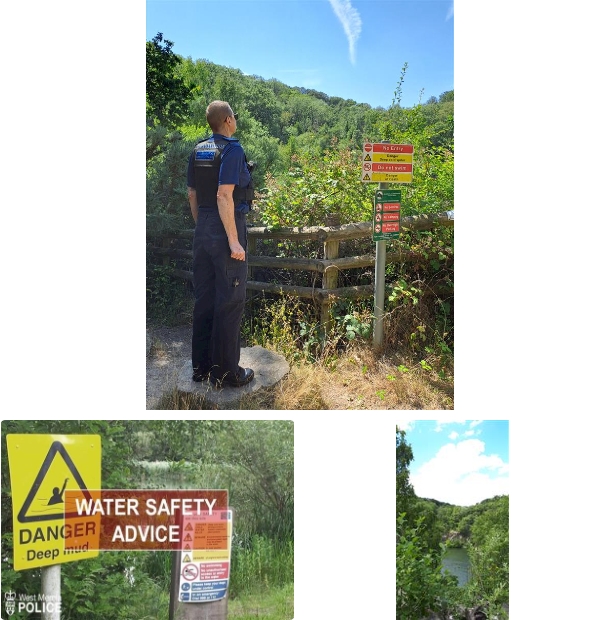 Three images, two showing a flooded quarry with one of these showing a PCSO looking towards a quarry and one image with a texxt box saying Water Safety Advice.