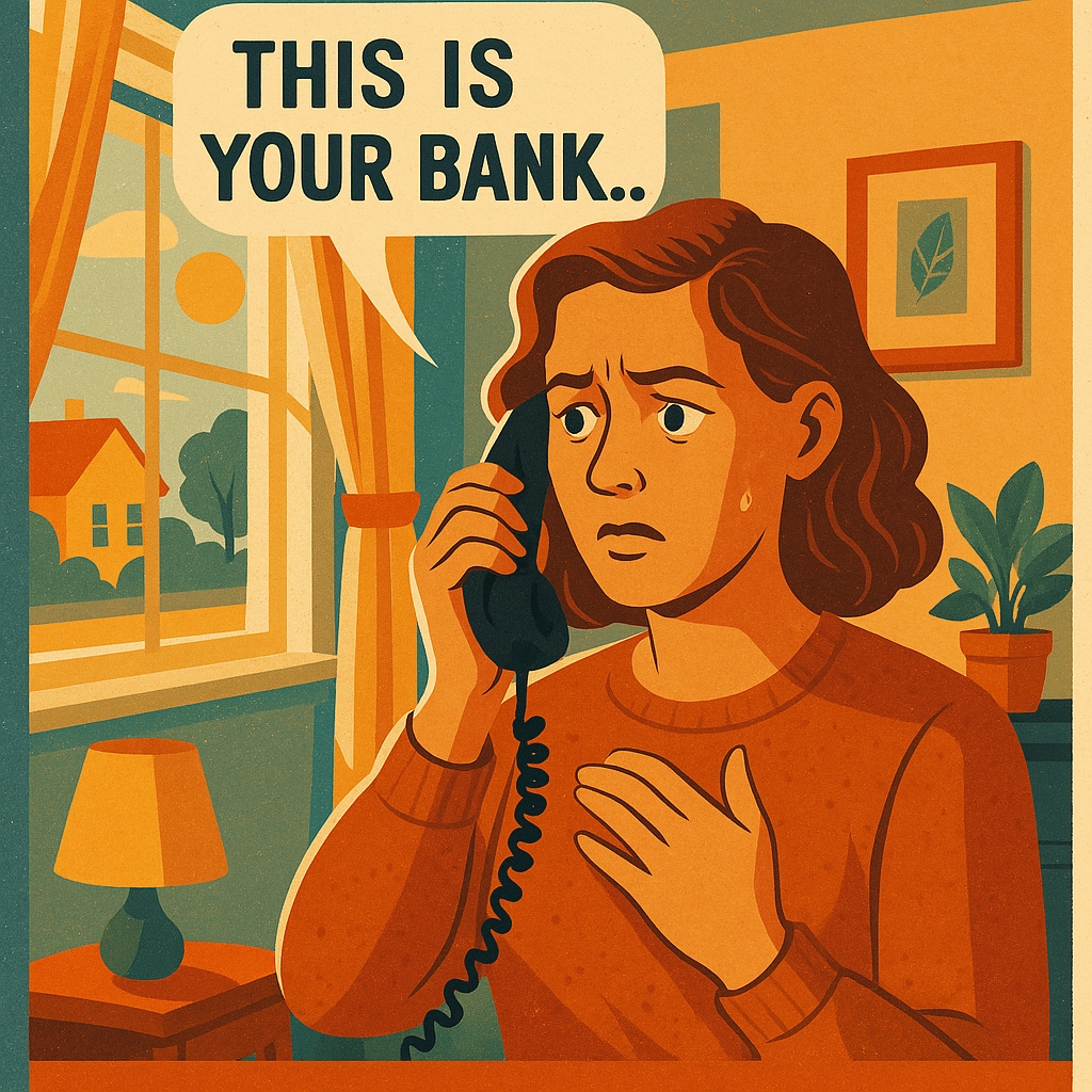 Thumbnail Image A poster illustration of a person inside their home on a sunny day, answering a phone call and looking concerned. The home interior is bright and cozy, with sunlight streaming through the windows. The person is holding a phone to their ear, and a speech bubble from the phone says: 'THIS IS YOUR BANK....'. The poster should convey a sense of caution and awareness, suitable for a scam awareness campaign.