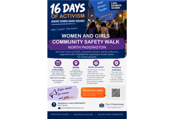 Poster advertising a Women and Girls Community Safety Walk on 3 December at 470 Harrow Road, part of the 16 Days of Activism Against Gender-Based Violence campaign.