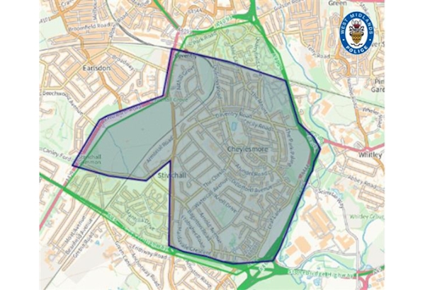 Map covering area of Cheylesmore in blue gradient with West Midlands Police logo in top righ-hand corner