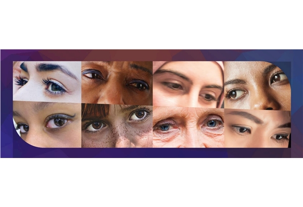 8 small images of women's faces focusing on their eyes surrounded by a purple frame