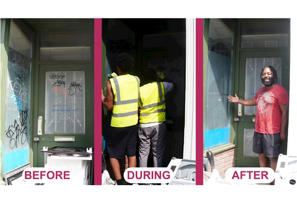 Before, during and after of a recent IJ clean up showing a door having graffiti removed