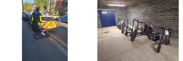 Image shows a police officer beside a marked police car with an illegal e-scooter which is folded