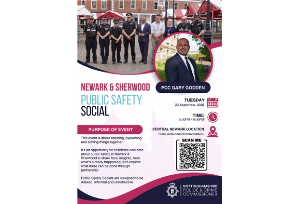 A poster promoting the PCC's upcoming Public Safety Social in Newark.