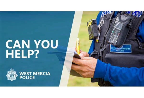 A Police Community Support Officer is writing in a notepad, wearing a blue jacket over a dark-colored protective vest. The vest has a patch that clearly identifies the officer as a Police Community Support Officer. The backdrop is a light teal-blue solid color, with the words "CAN YOU HELP?" prominently displayed in a large, bold white font. Below the question, a logo of the West Mercia Police force is visible.