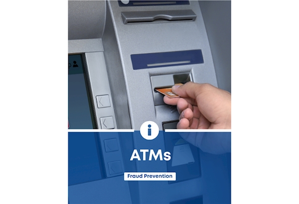 Hand inserting card in ATM with text reading 'ATMs Fraud Prevention'