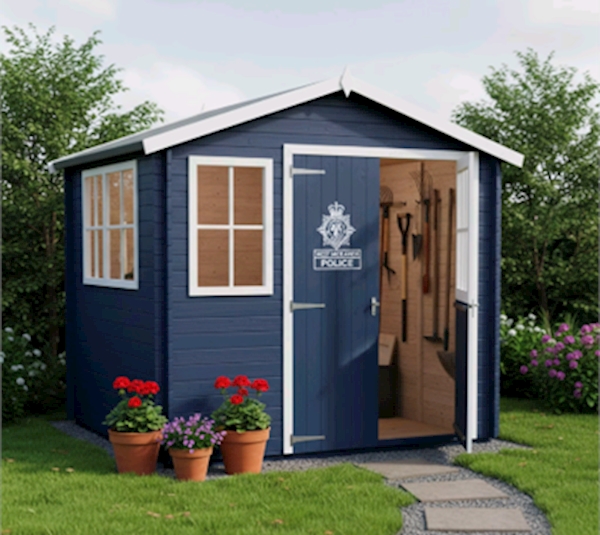 A blue shed with a door and a door open

AI-generated content may be incorrect.