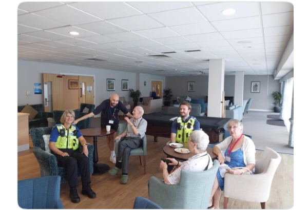 Pcso's enjoying a lovely cuppa and a chat with residents at Chatham Place in Northfield and giving out crime prevention advise