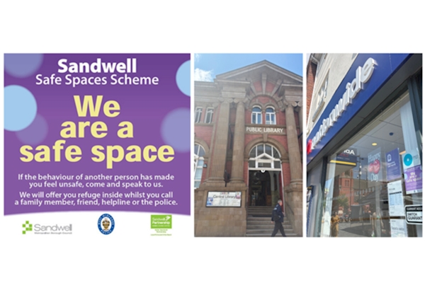 we are a safe space collage showing the sticker and some venues
