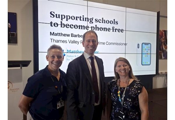 Thames Valley Police and Crime Commissioner, Matthew Barber (middle), with Lotty Keys, Senior Assistant Headteacher at The Warriner School (left) and Kirsty Rogers, Headteacher of Aureus School (right) at the PCC's Phone Free Schools event held on 26 June 2026