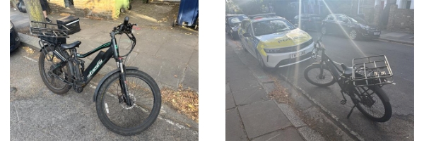 Picture shows the illegally fast ebike stood on it,s kick stand, the second image shows the bike in front of a marked police vehicle.
