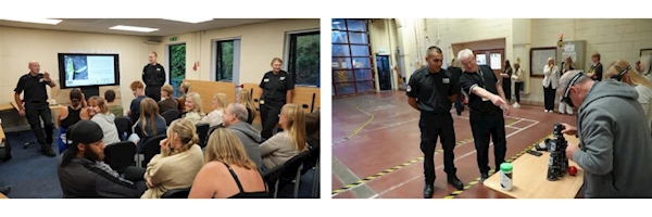 A seated group of people receive a presentation from firefighters. In the second photo, a man wears goggles as he attempts to stack cups in a coordination activity.