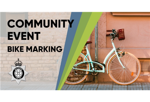 Community Event - Bike marking - a picture of a pushbike, leaning up against a wall with the Wiltshire Police crest attached to the graphic.