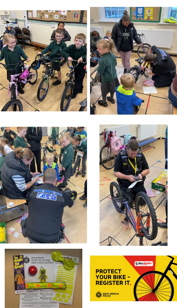 Images are photographs from the Bike Safety and Registration Event showing Pc Mike Hogg registering bikes and children from Weston Rhyn Primary school enjoying their breakfasts and engaging with Police with their bikes.