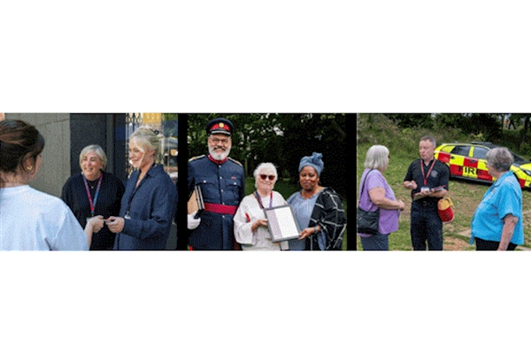 Collage of 3 photos. First 3 people involved in a conversation outside a building. Second 3 people involved in a certificate presentation outside in sunshine. Third a member of Fire Staff outdoors, standing, talking to 2 people in front of a fire vehicle, in yellow and red colours.
