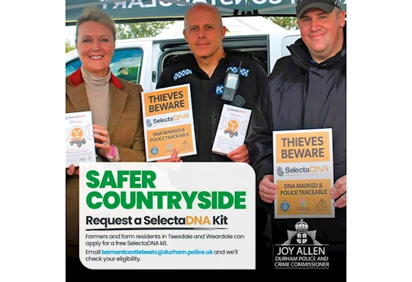 Image of PCC Joy Allen with neighbourhood policing team holding posters promoting Selecta DNA.