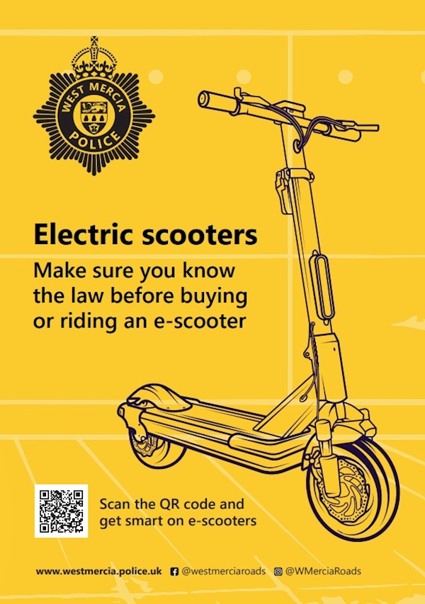 a yellow backround with an outline drawing of an electric scooter with the words electric scooters, make sure you know the law before buying or riding an e-scooter