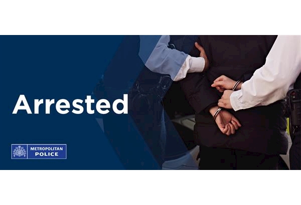 Image of a person in handcuffs with the word "ARRESTED" and Met police logo