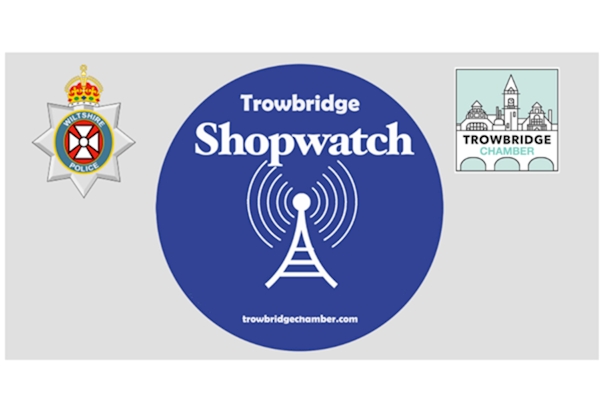 Trowbridge Shopwatch logo, Wiltshire Police crest and Trowbridge Chamber of Commerce logo.
