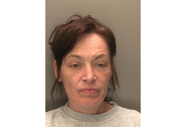 A custody image of Emma Hought. She has dark brown hair and a nose stud, wearing a grey sweatshirt against a plain grey background.