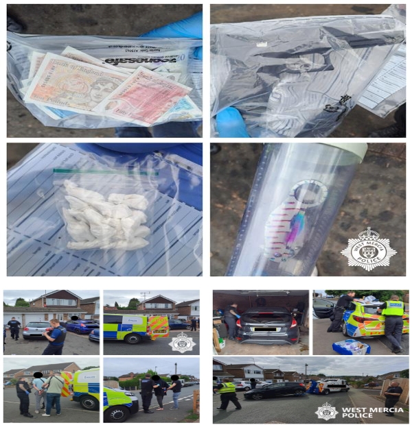 Two arrests, stolen car recovered, and drugs seized in warrant