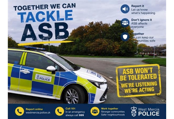 Image of marked police vehicle with the words together we can tackle ASB