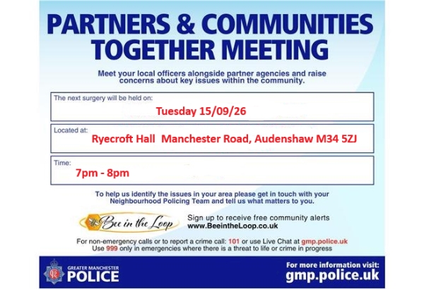 The image shows details of the next PACT Meeting for Audenshaw and Droylsden which will be held at Ryecroft Hall Audenshaw starting at 1900hrs on Tuesday 15th September 2026