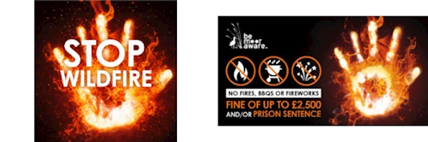 Stop wildfire. Be Moor Aware. Artwork of a hand made from flames.